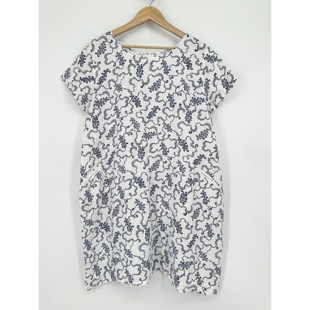 CP SHADES 100% Linen Dress Floral Short Sleeve Mini Tunic Beach Cover White
